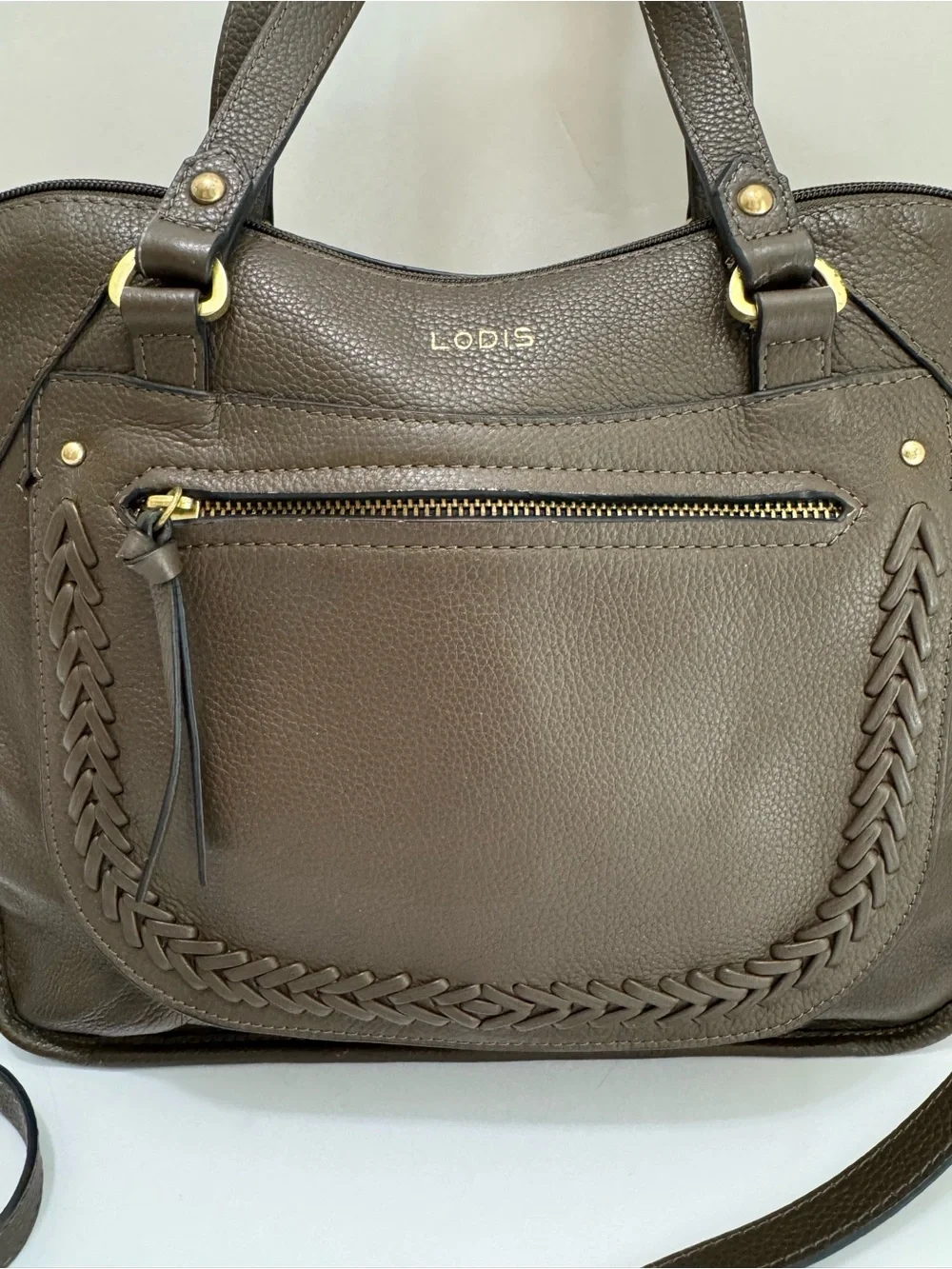 Lodis Margo Brown Olive Leather Satchel Crossbody Braided Top Handle